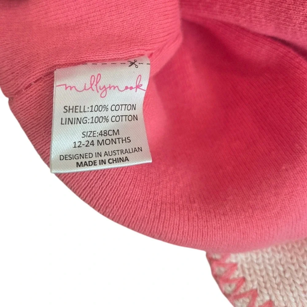 Millymook Baby Girl Hat Pink Fair Isle Winter Pom Pom Fleece Cotton 12-24 Months
